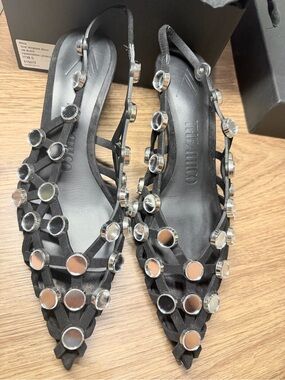 The Attico “Grid” Black Pointed Slingback Flats with Mirror Studs